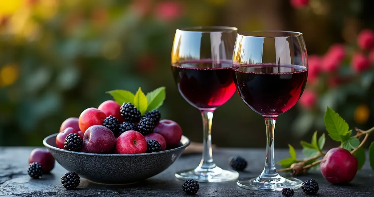 Zwei Gläser Rotwein neben einer Schale mit Brombeeren und Pflaumen, Stimmungsbild