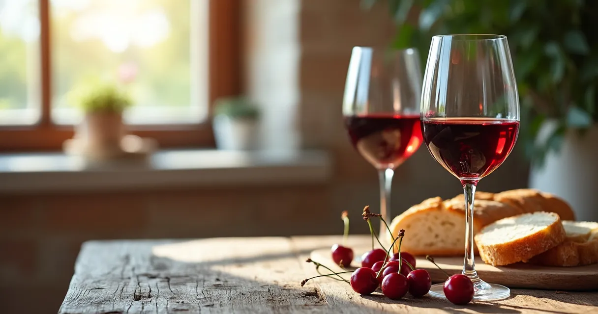 Zwei Gläser Rotwein auf einem Holztisch neben Kirschen und Brot, Stimmungsbild